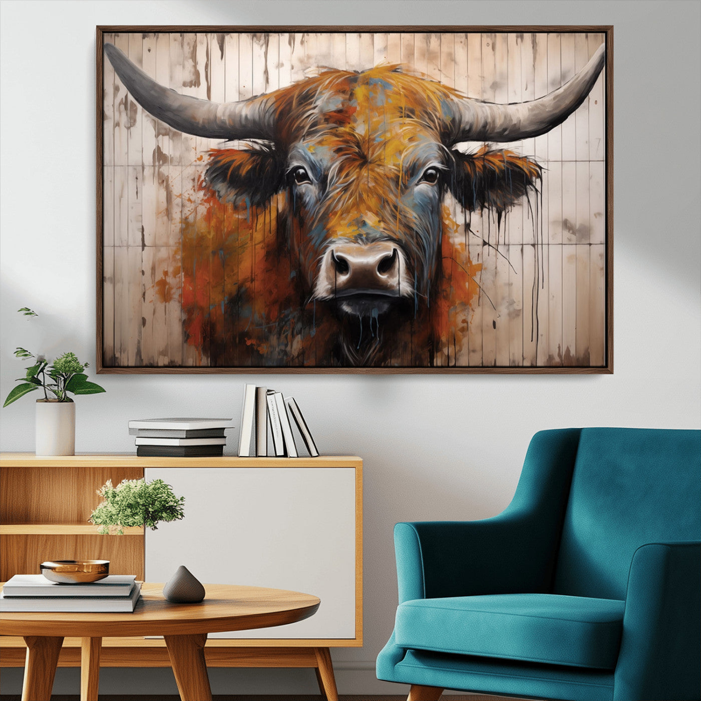 Scottish Highland Cow Cattle Art Print on Wood Style