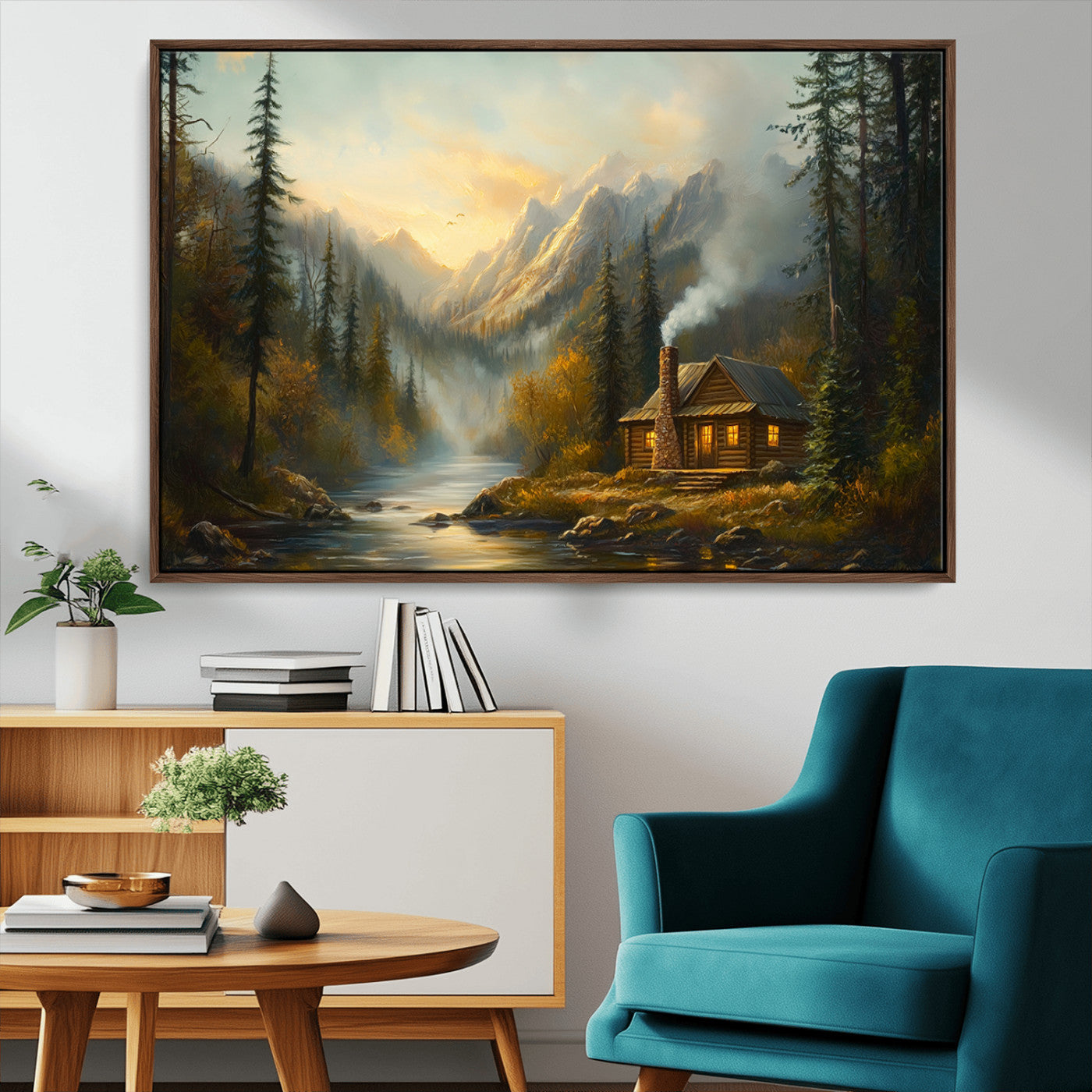 Wood Cabin Retreat Mountain at Sunset Wall Art Print -