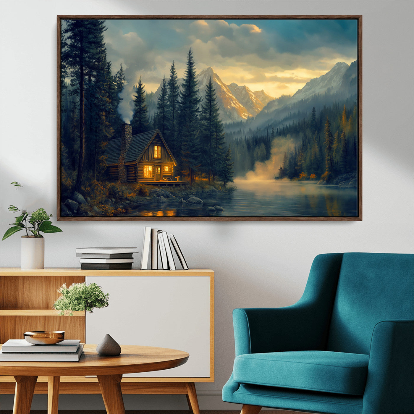 Mountain Cabin by the Lake at Sunset Wall Art - Serene