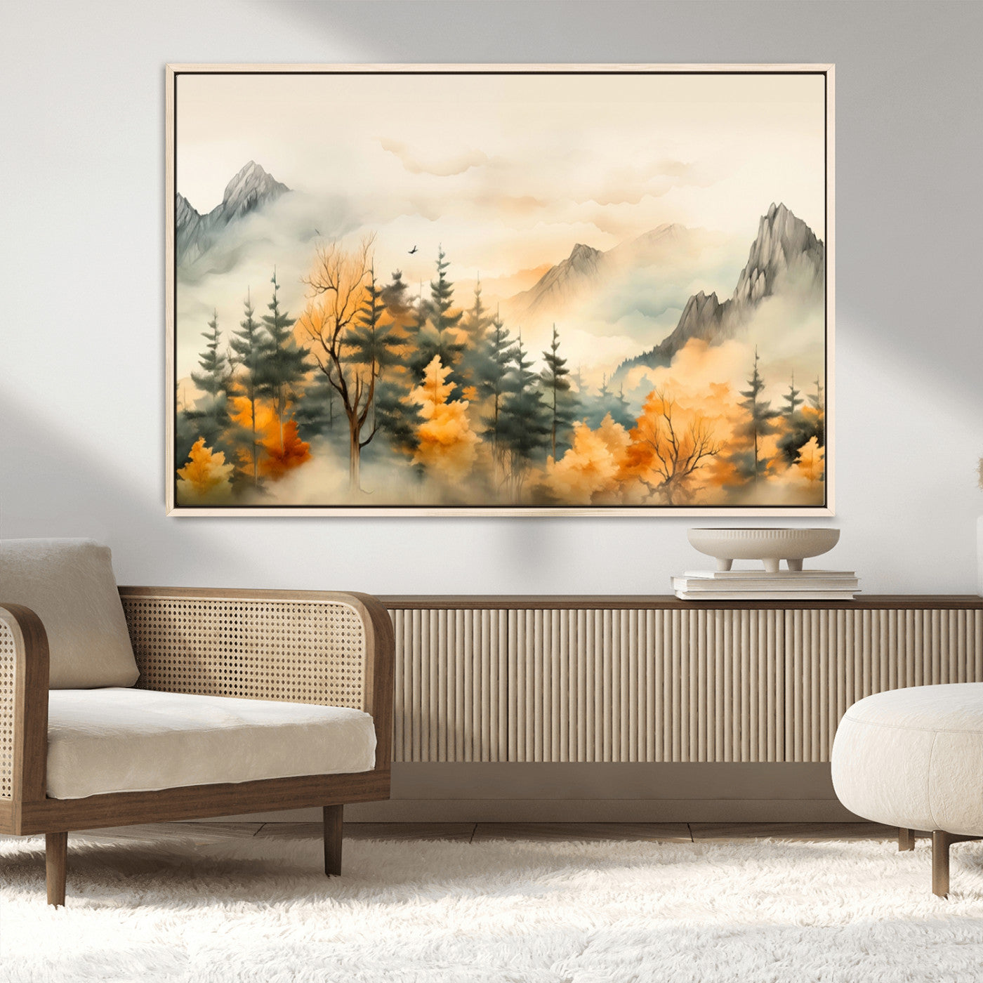 Abstract Watercolor Mountains and Trees Autumn Art,
