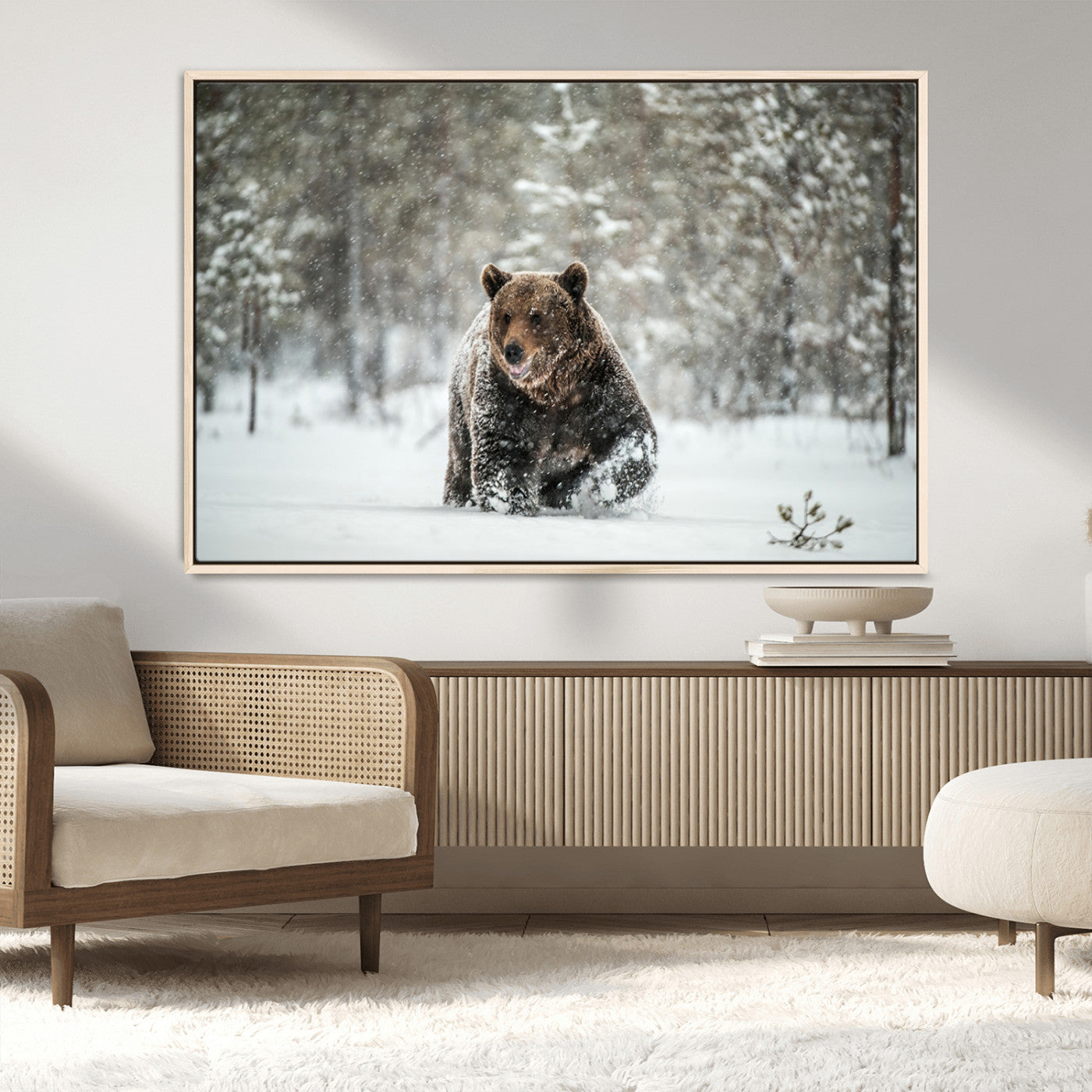 Grizzly Bear Wall Art – Framed Snowy Forest Canvas Artwork,