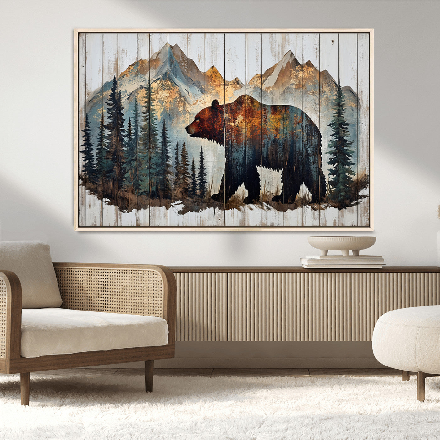 Rustic Grizzly 399 Bear and Mountain Wood Canvas Wall Art -