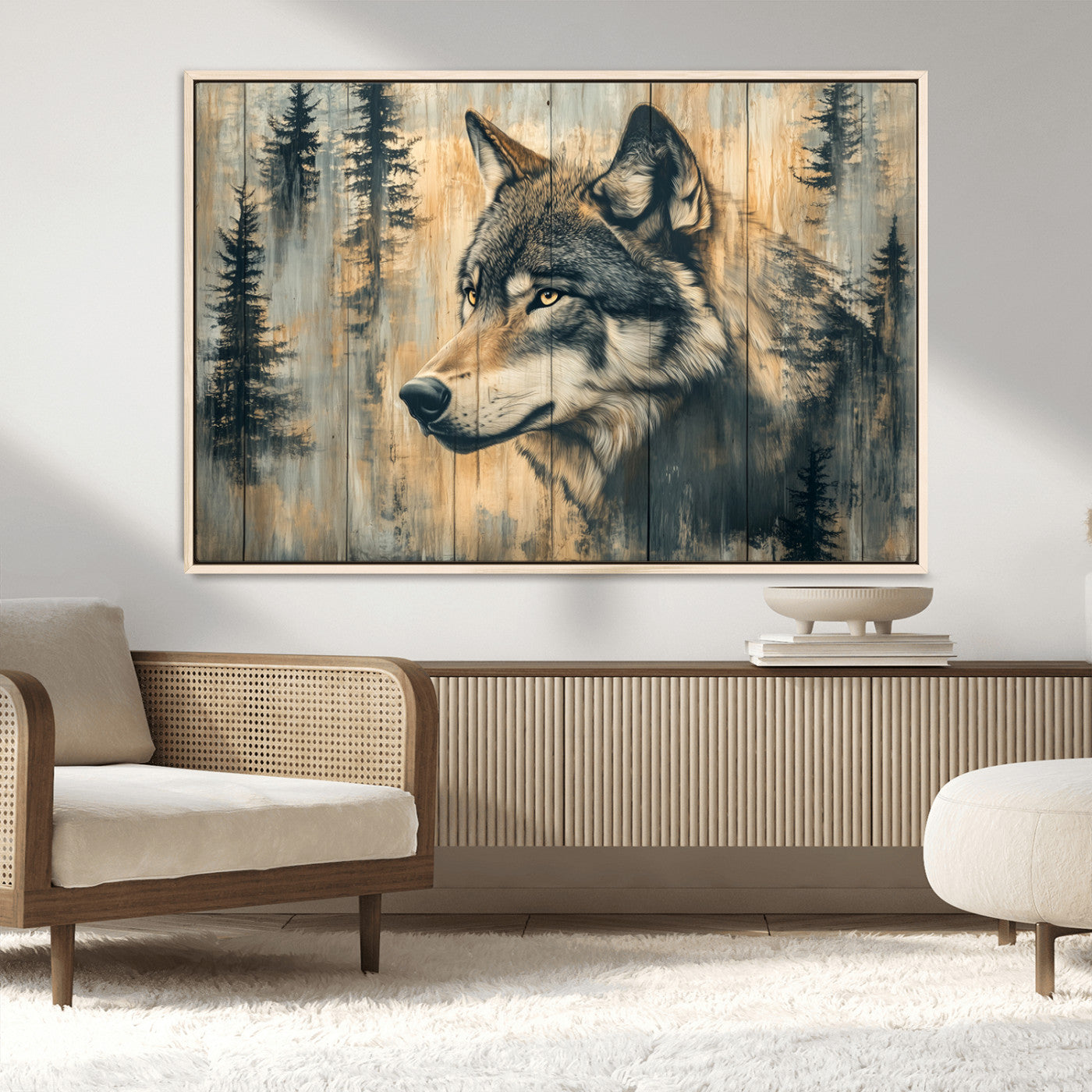 Wood Style Rustic Wolf Wall Art Canvas Print, Vintage