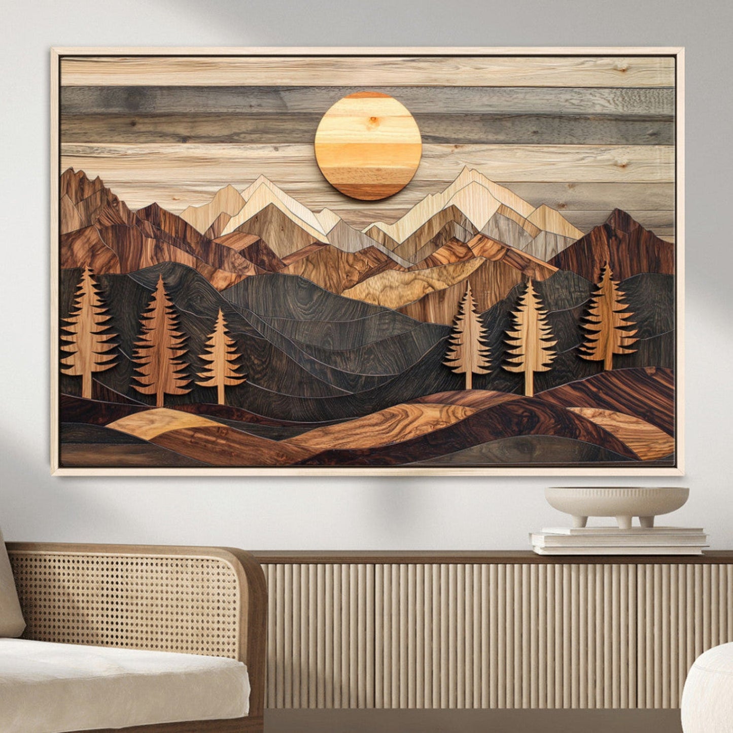 Wooden Mountain Layers Art – Rustic Pine Tree Landscape