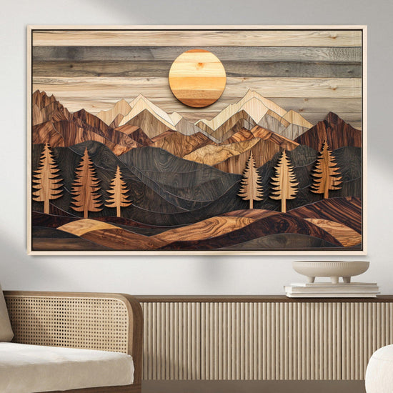 Wooden Mountain Layers Art – Rustic Pine Tree Landscape