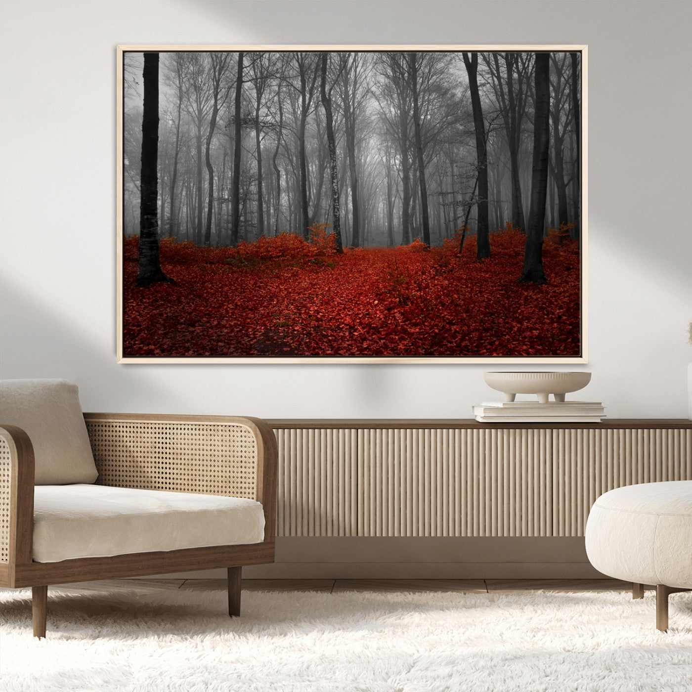 Red Forest Floor Canvas Wall Art – Mystical Foggy Woodland