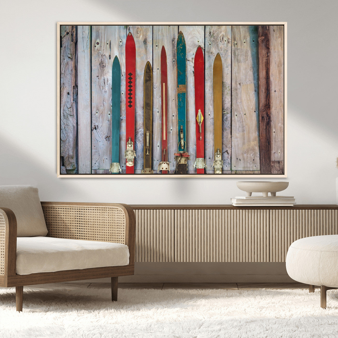 Vintage Wooden Weathered Ski's in Front of an Old Barn Wall