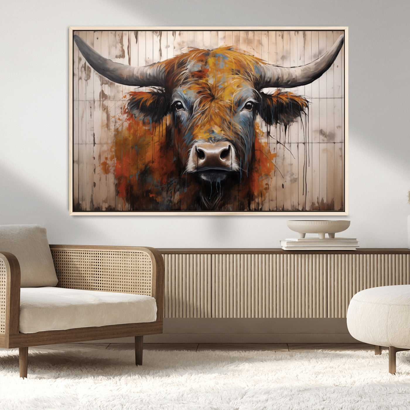 Scottish Highland Cow Cattle Art Print on Wood Style