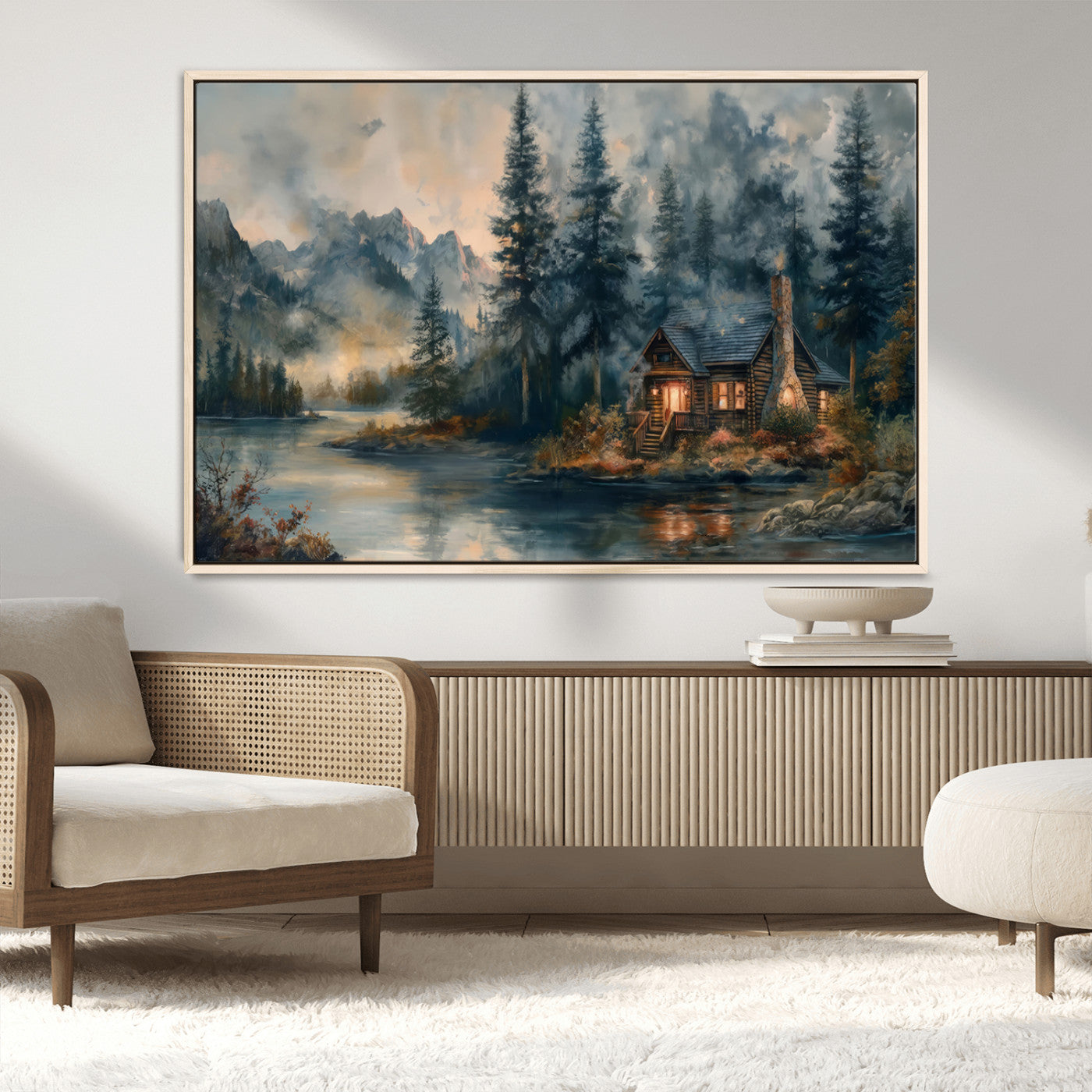 Rustic Cabin Woods Wall Art Print | Lake in a Forest Canvas