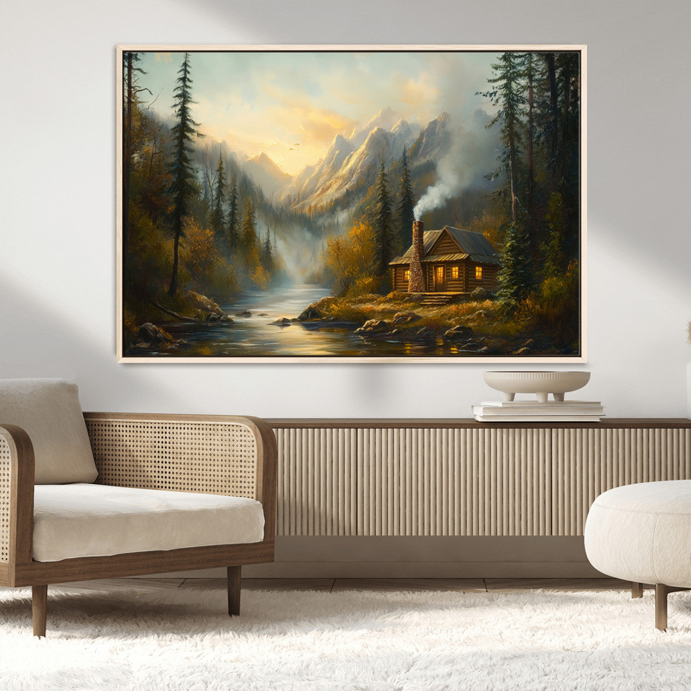 Wood Cabin Retreat Mountain at Sunset Wall Art Print -