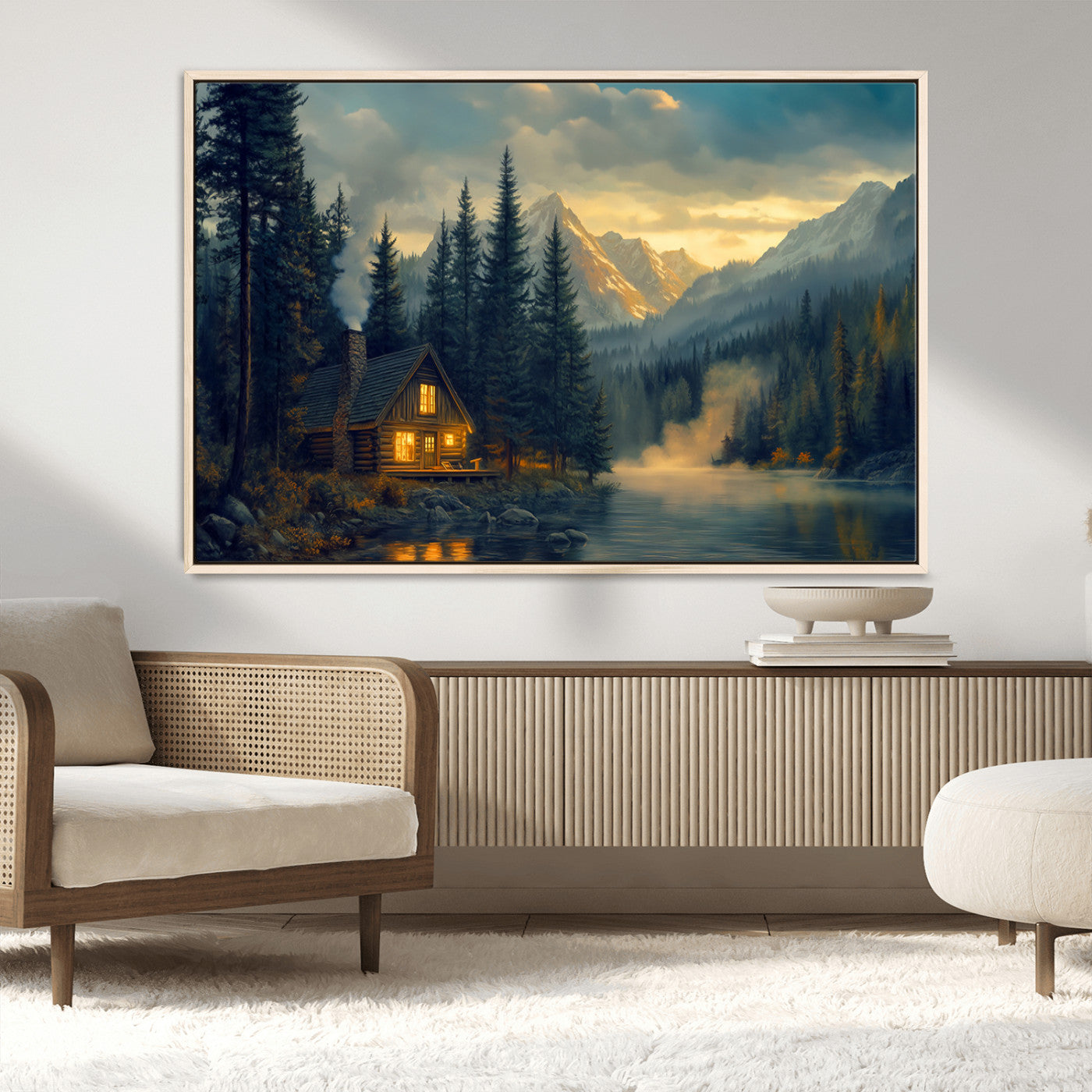 Mountain Cabin by the Lake at Sunset Wall Art - Serene