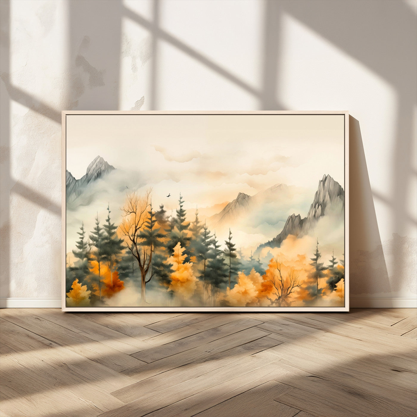 Abstract Watercolor Mountains and Trees Autumn Art,