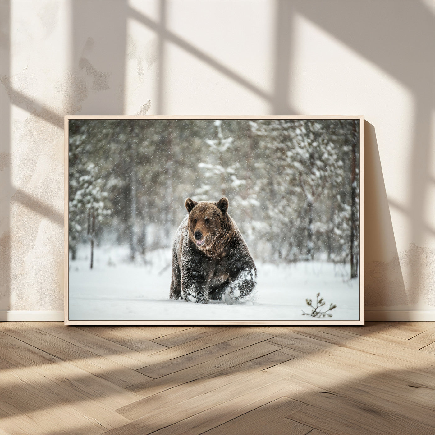 Grizzly Bear Wall Art – Framed Snowy Forest Canvas Artwork,