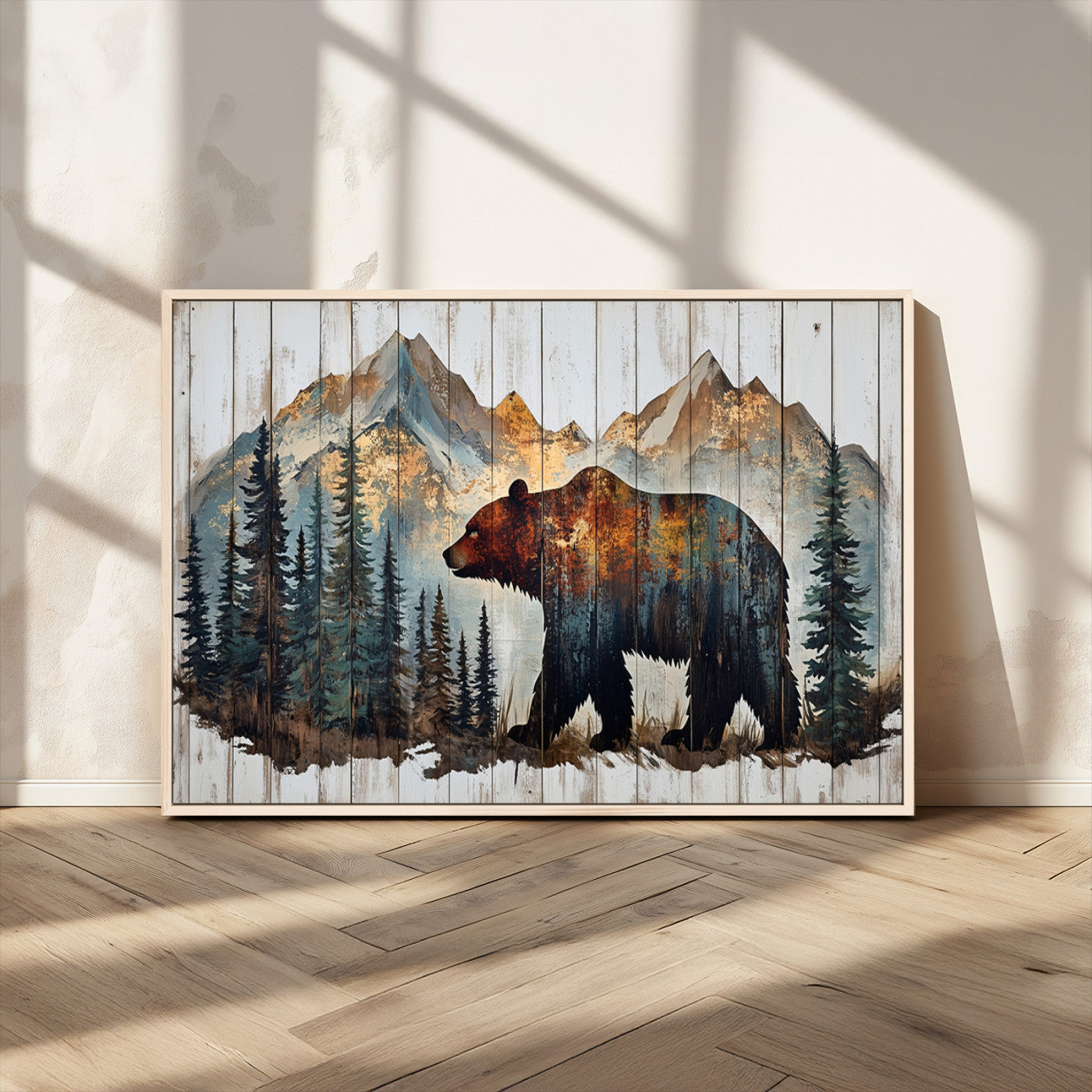 Rustic Grizzly 399 Bear and Mountain Wood Canvas Wall Art -