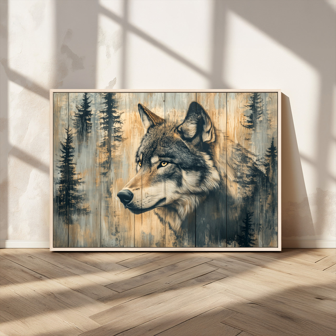 Wood Style Rustic Wolf Wall Art Canvas Print, Vintage