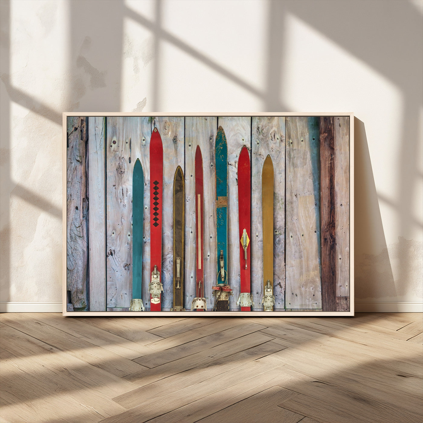 Vintage Wooden Weathered Ski's in Front of an Old Barn Wall