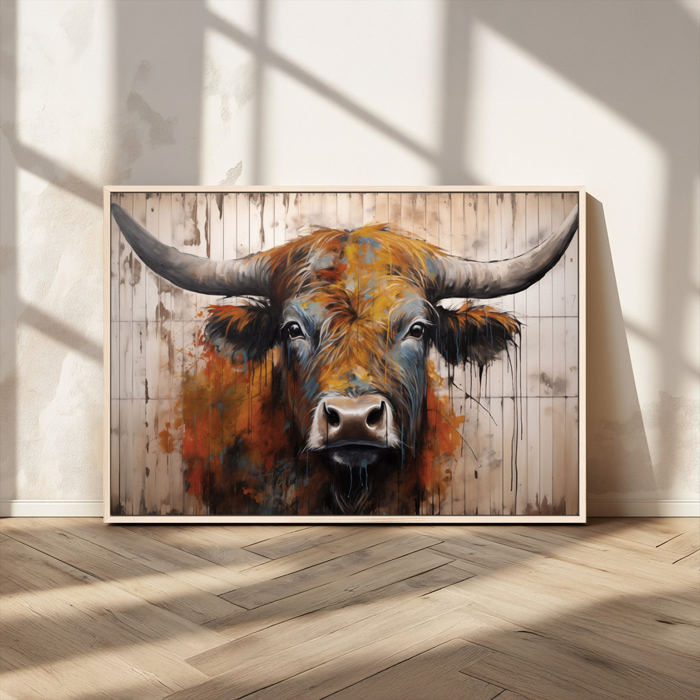 Scottish Highland Cow Cattle Art Print on Wood Style