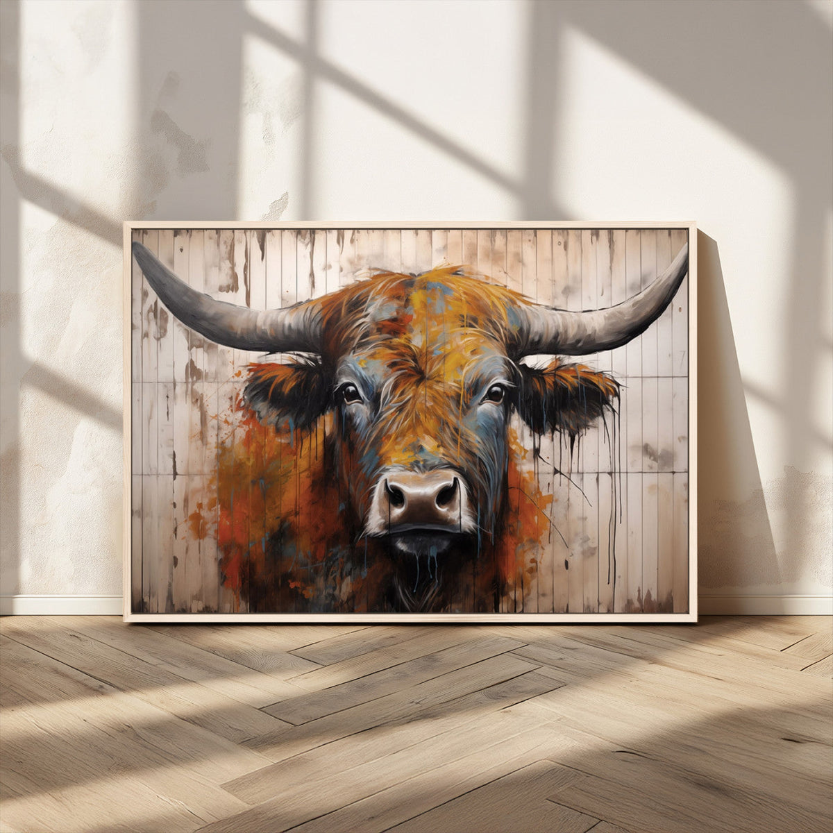 Scottish Highland Cow Cattle Art Print on Wood Style