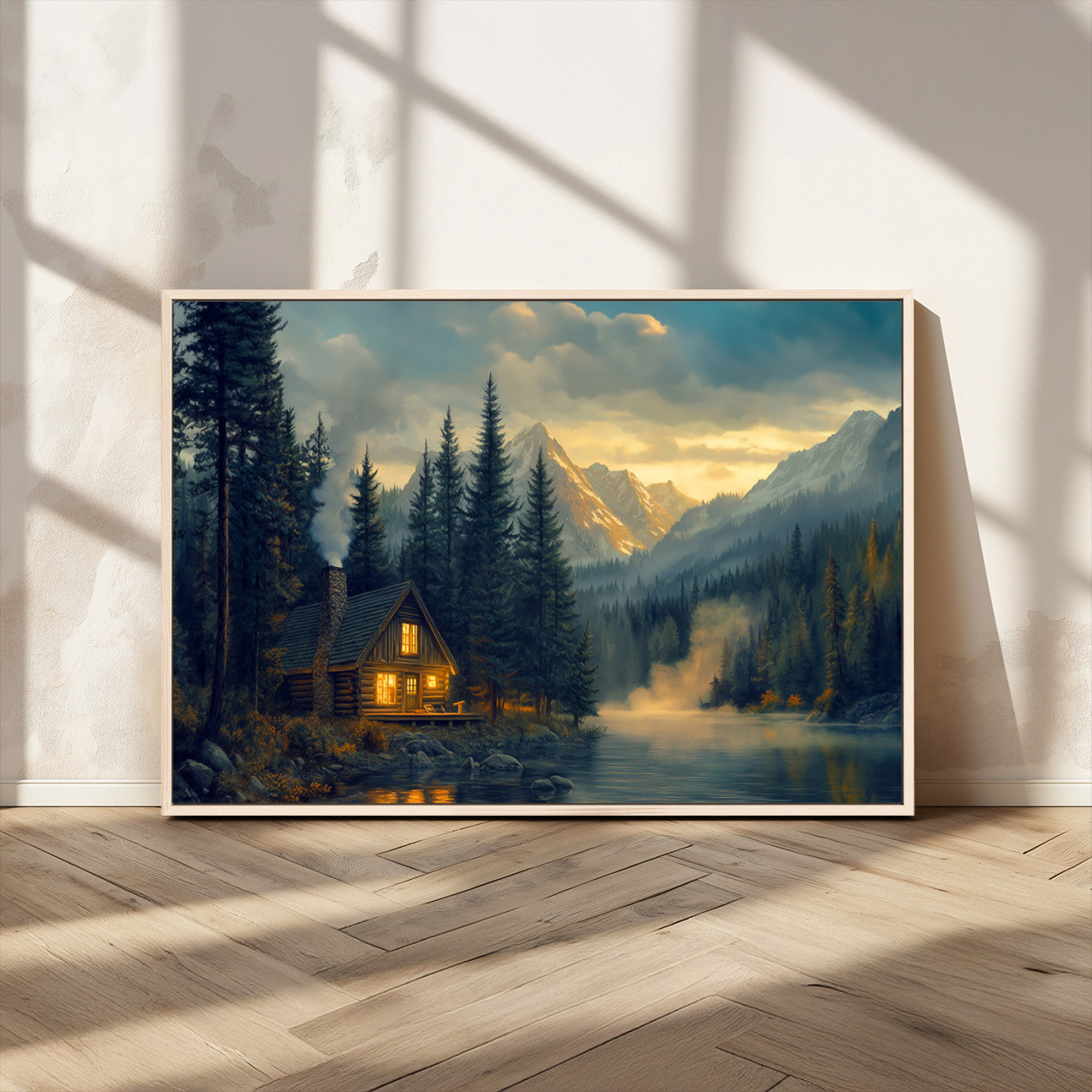 Mountain Cabin by the Lake at Sunset Wall Art - Serene