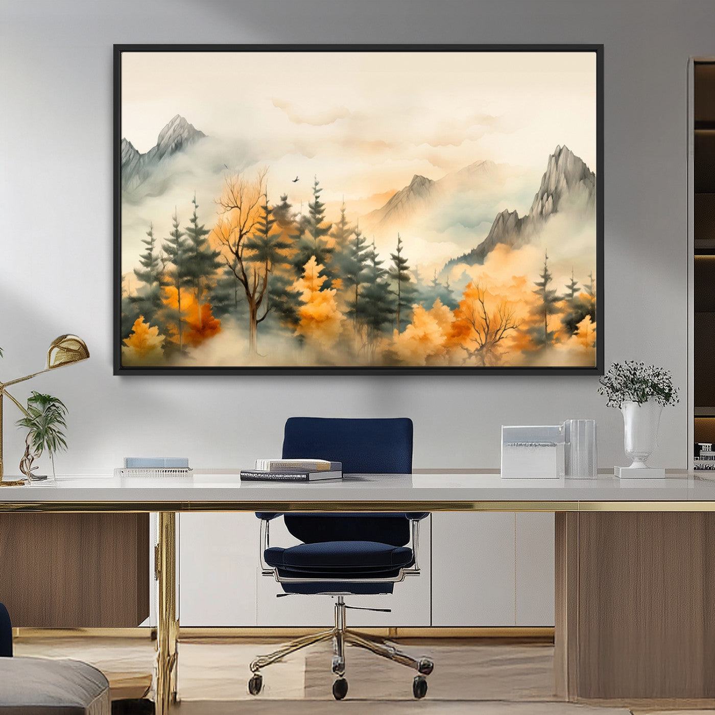 Abstract Watercolor Mountains and Trees Autumn Art,