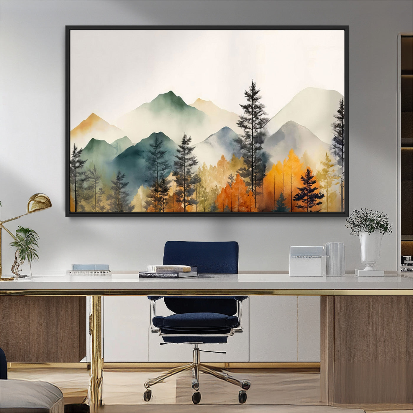 Abstract Watercolor Mountains and Trees Autumn Wall Art,