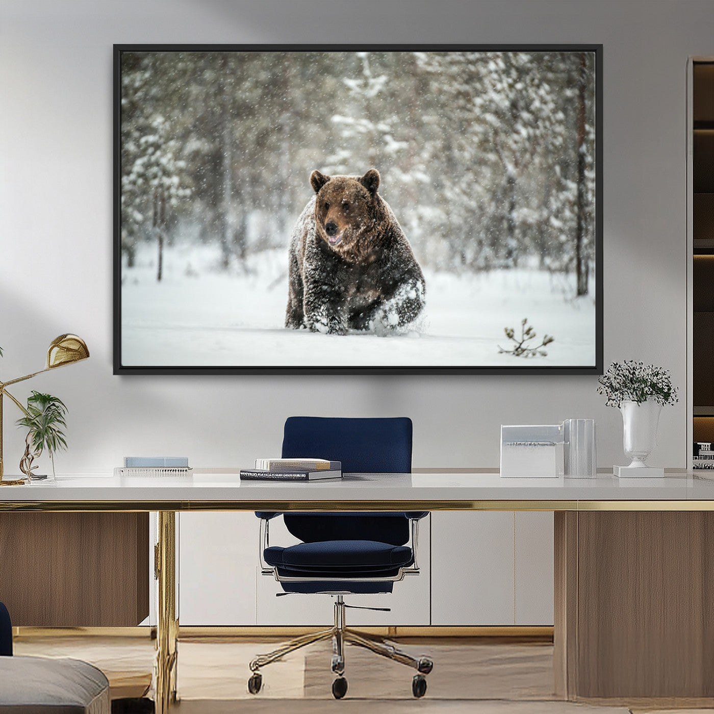 Grizzly Bear Wall Art – Framed Snowy Forest Canvas Artwork,