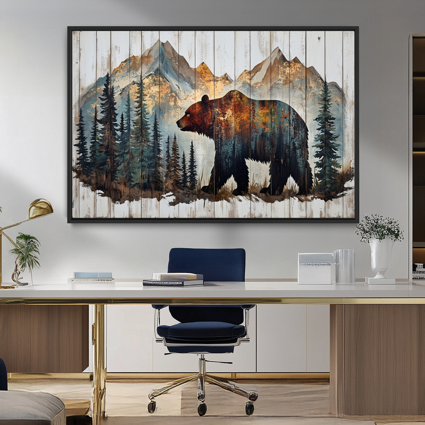 Rustic Grizzly 399 Bear and Mountain Wood Canvas Wall Art -