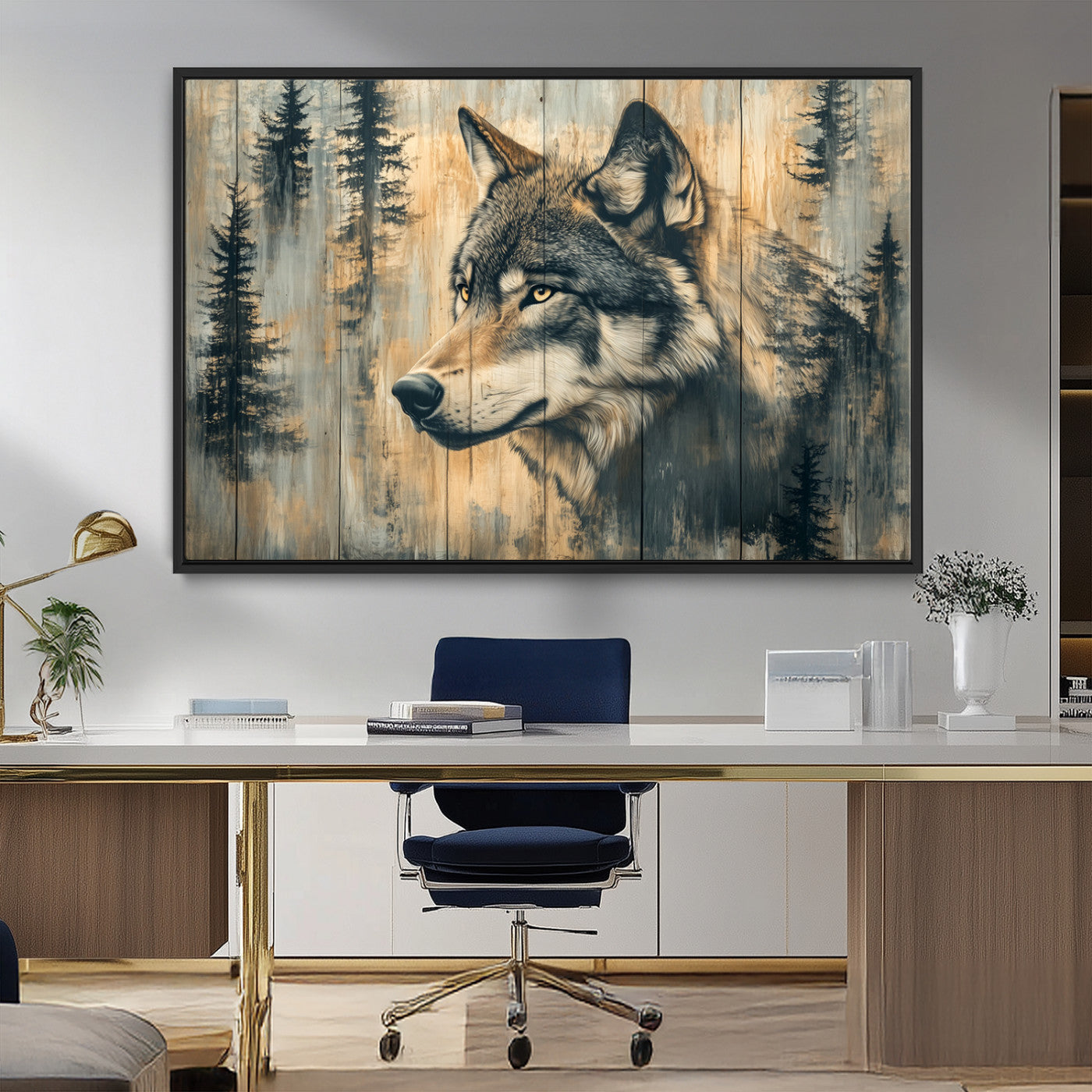 Wood Style Rustic Wolf Wall Art Canvas Print, Vintage