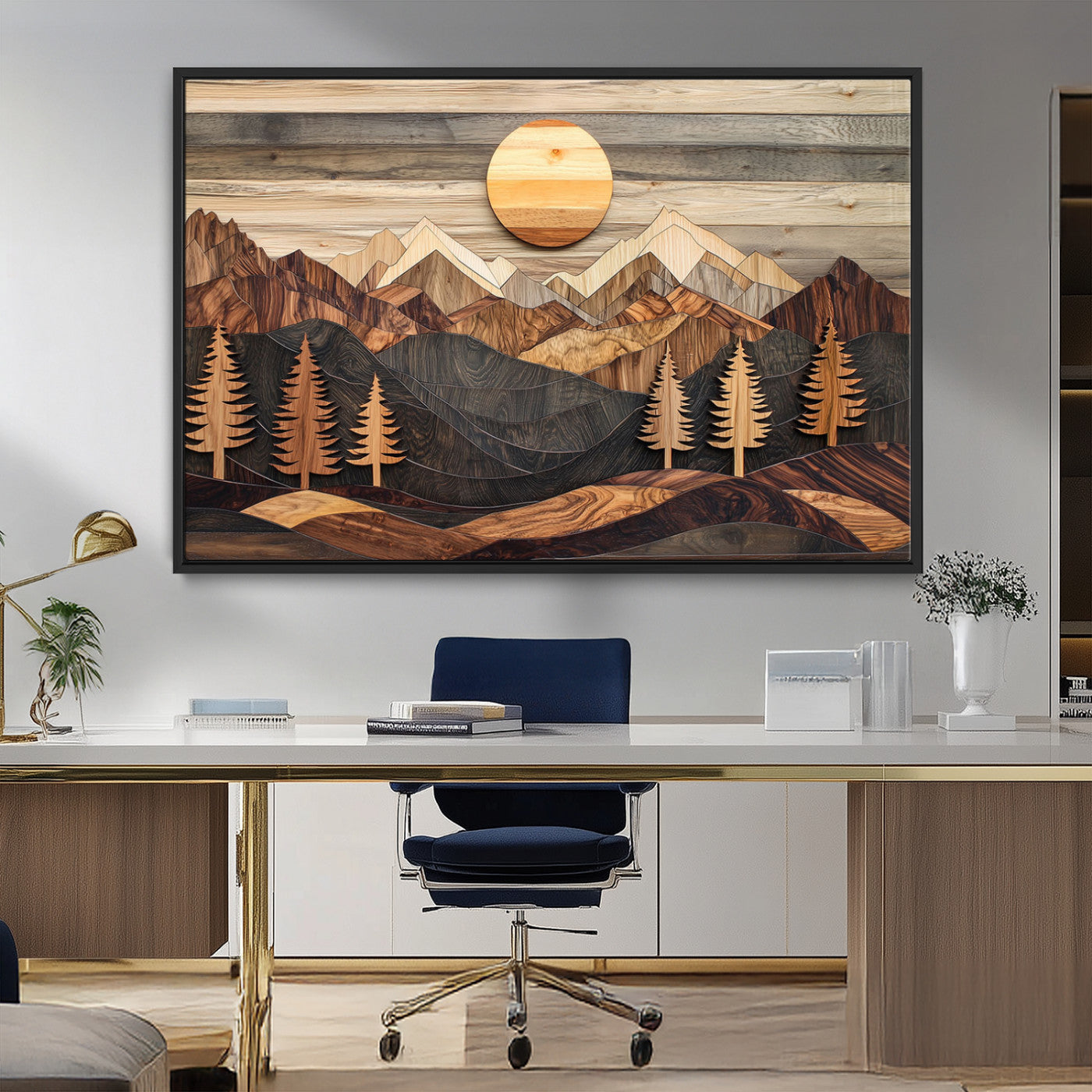 Wooden Mountain Layers Art – Rustic Pine Tree Landscape