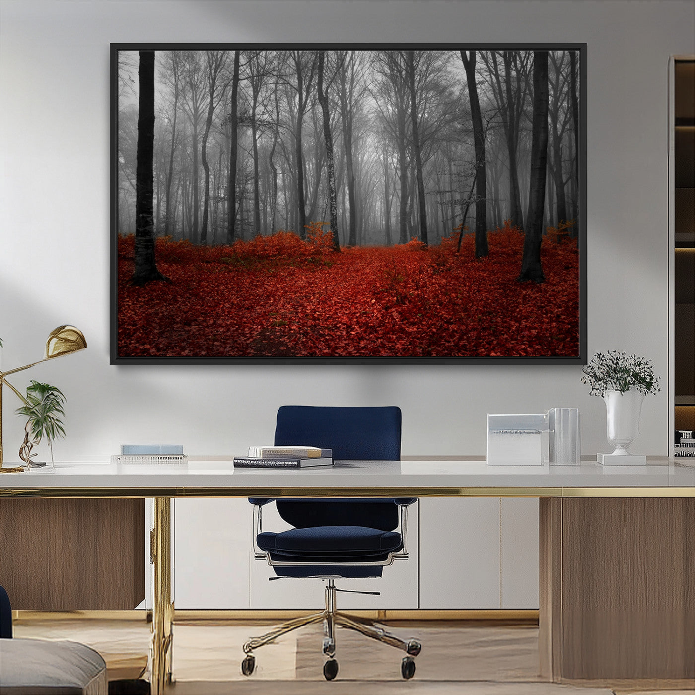 Red Forest Floor Canvas Wall Art – Mystical Foggy Woodland
