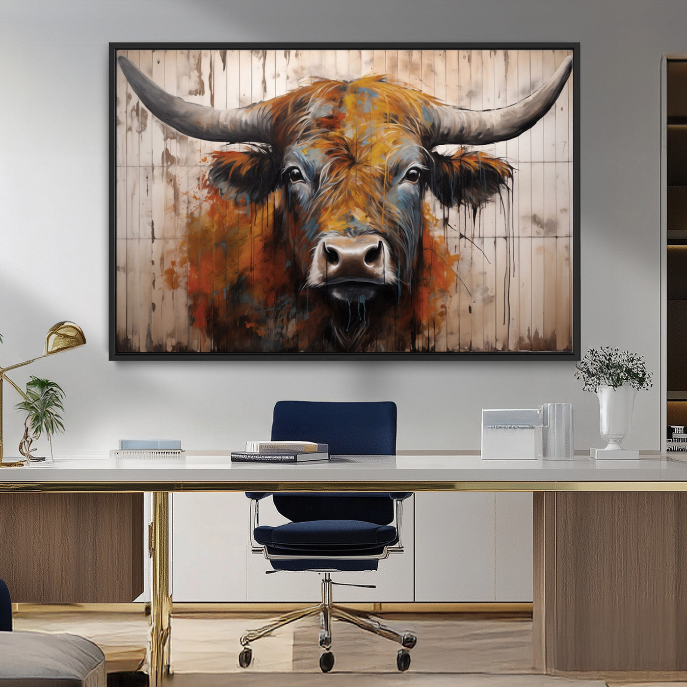 Scottish Highland Cow Cattle Art Print on Wood Style