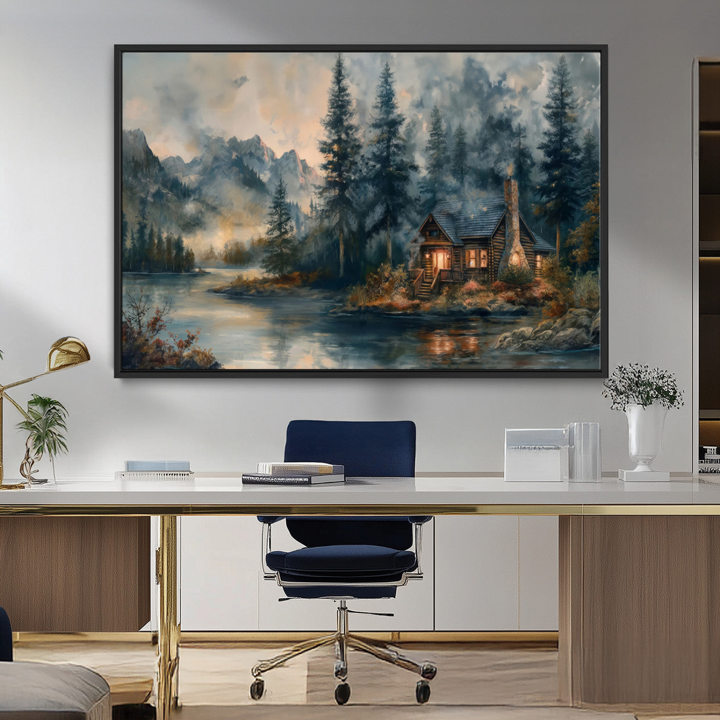 Rustic Cabin Woods Wall Art Print | Lake in a Forest Canvas