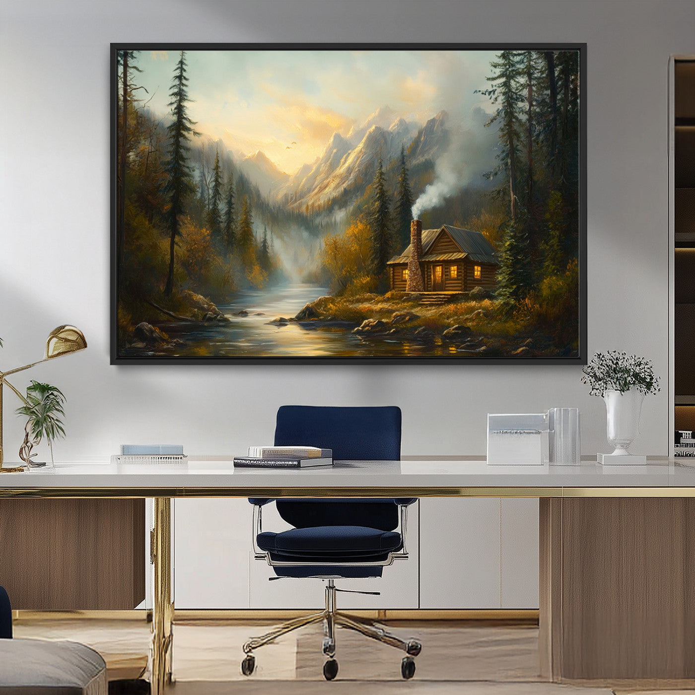 Wood Cabin Retreat Mountain at Sunset Wall Art Print -