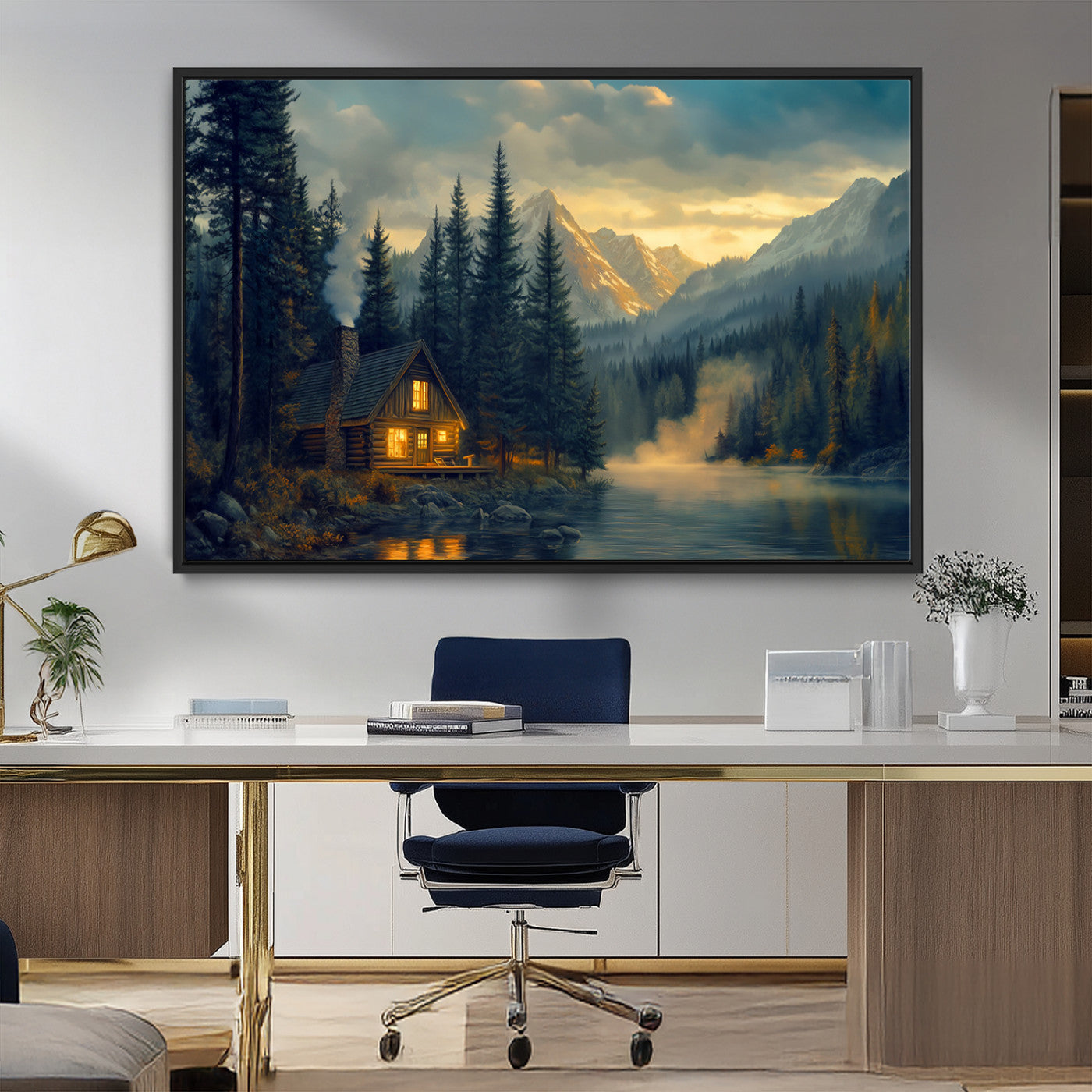 Mountain Cabin by the Lake at Sunset Wall Art - Serene