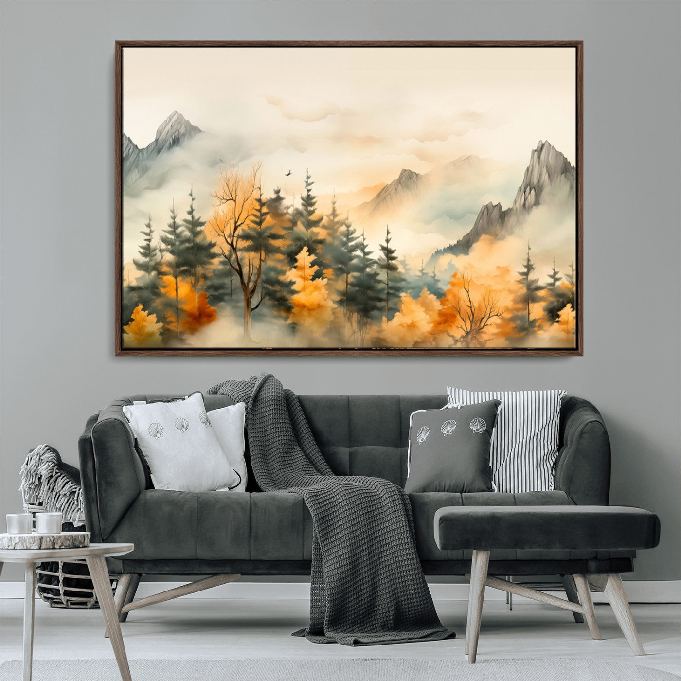 Abstract Watercolor Mountains and Trees Autumn Art,