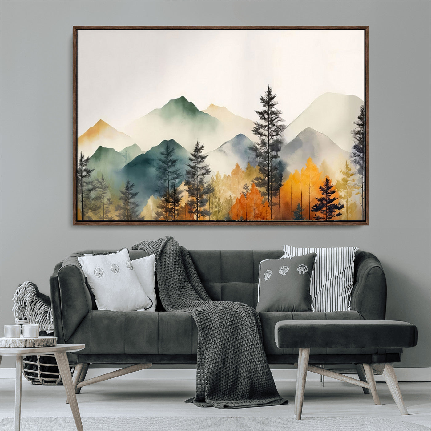 Abstract Watercolor Mountains and Trees Autumn Wall Art,