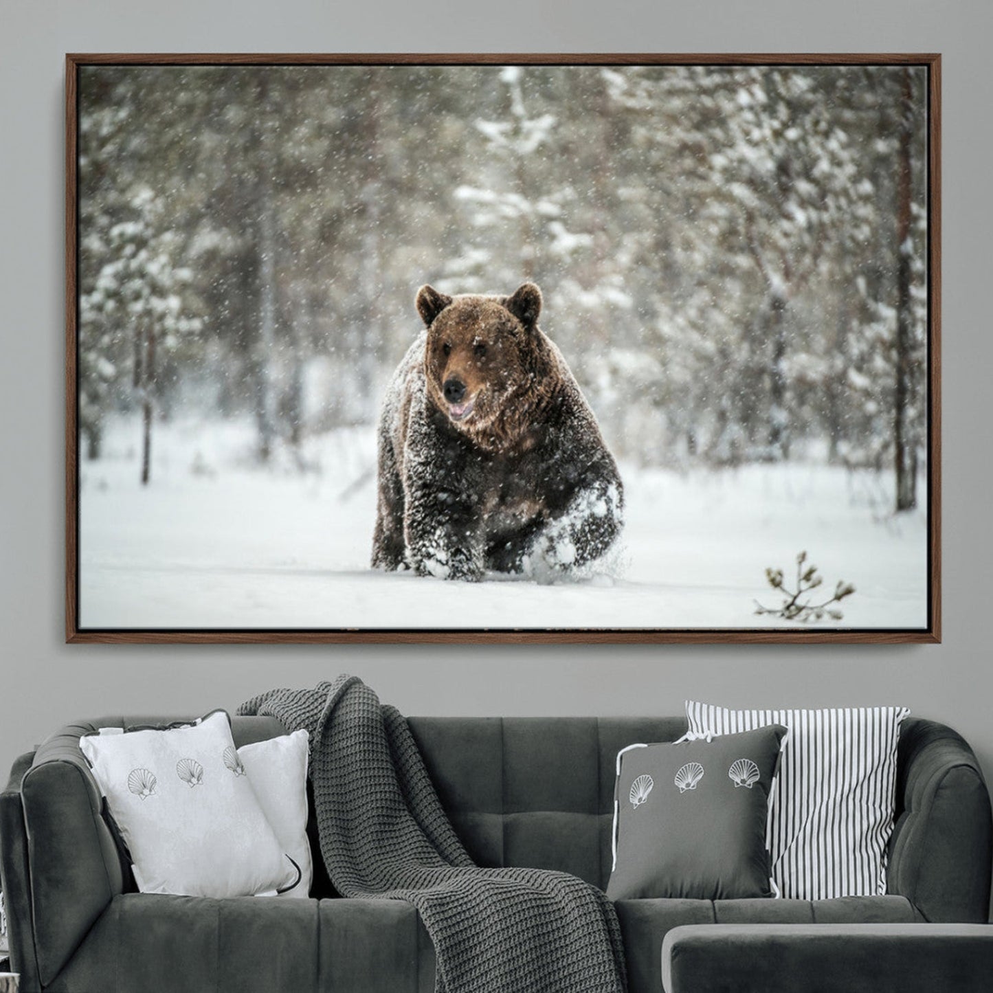 Grizzly Bear Wall Art – Framed Snowy Forest Canvas Artwork,
