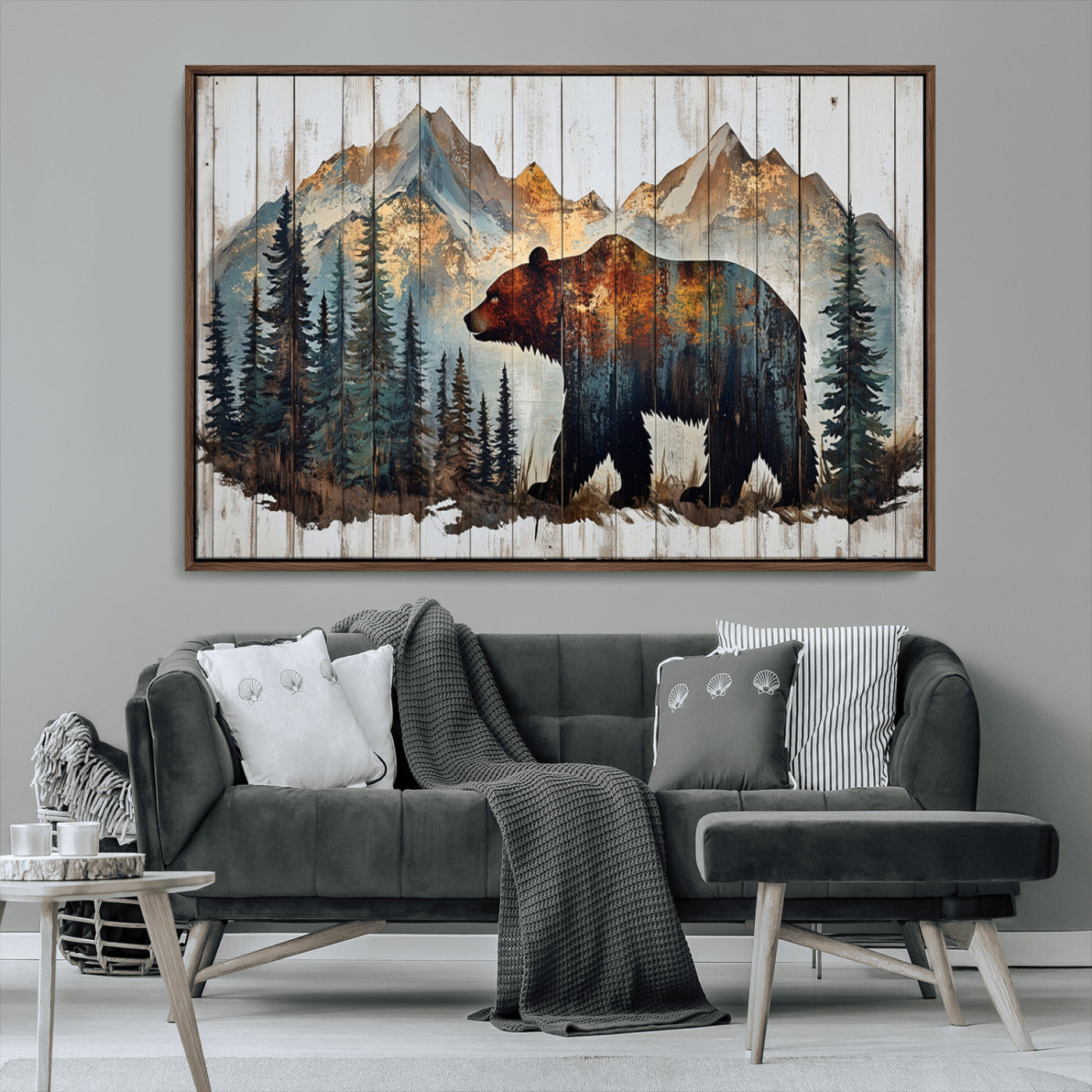 Rustic Grizzly 399 Bear and Mountain Wood Canvas Wall Art -
