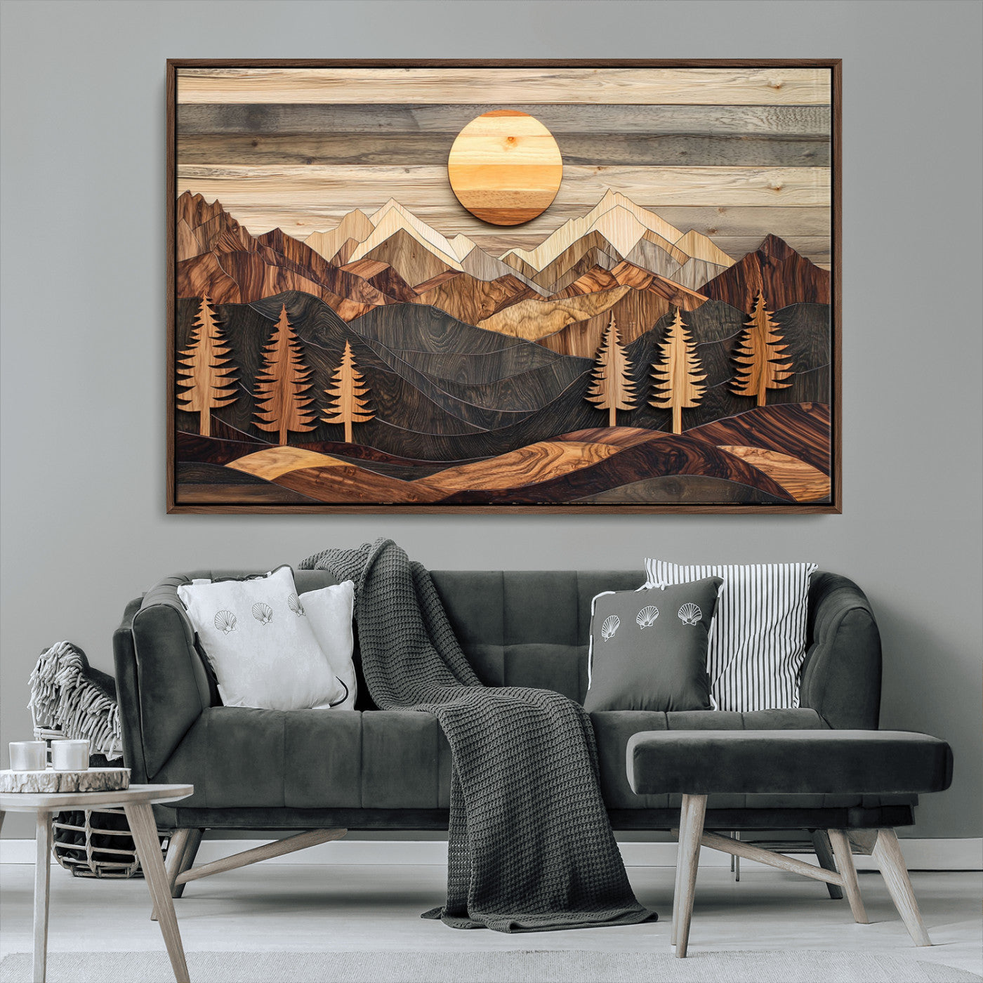 Wooden Mountain Layers Art – Rustic Pine Tree Landscape