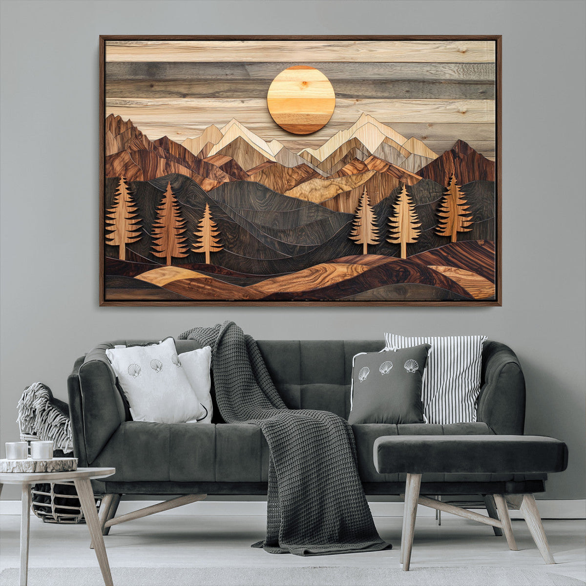Wooden Mountain Layers Art – Rustic Pine Tree Landscape