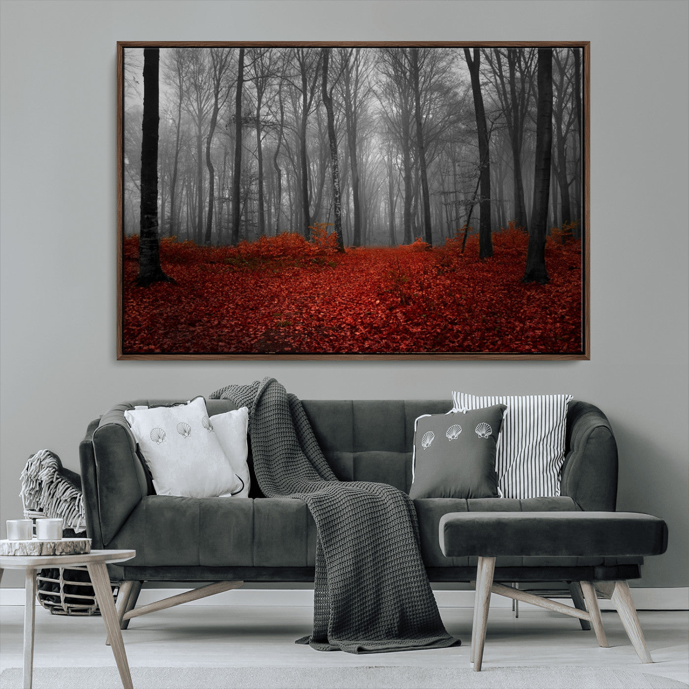 Red Forest Floor Canvas Wall Art – Mystical Foggy Woodland