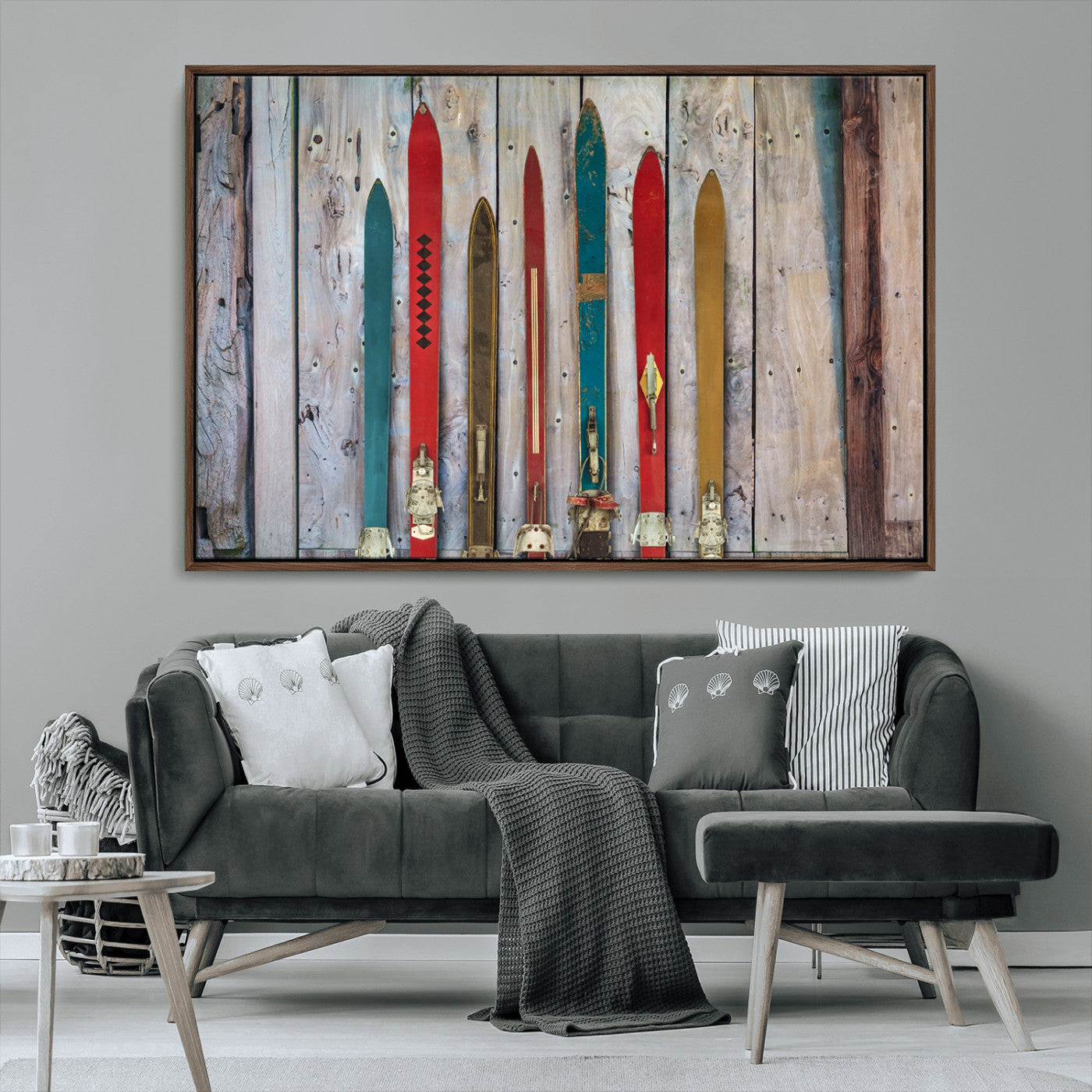 Vintage Wooden Weathered Ski's in Front of an Old Barn Wall