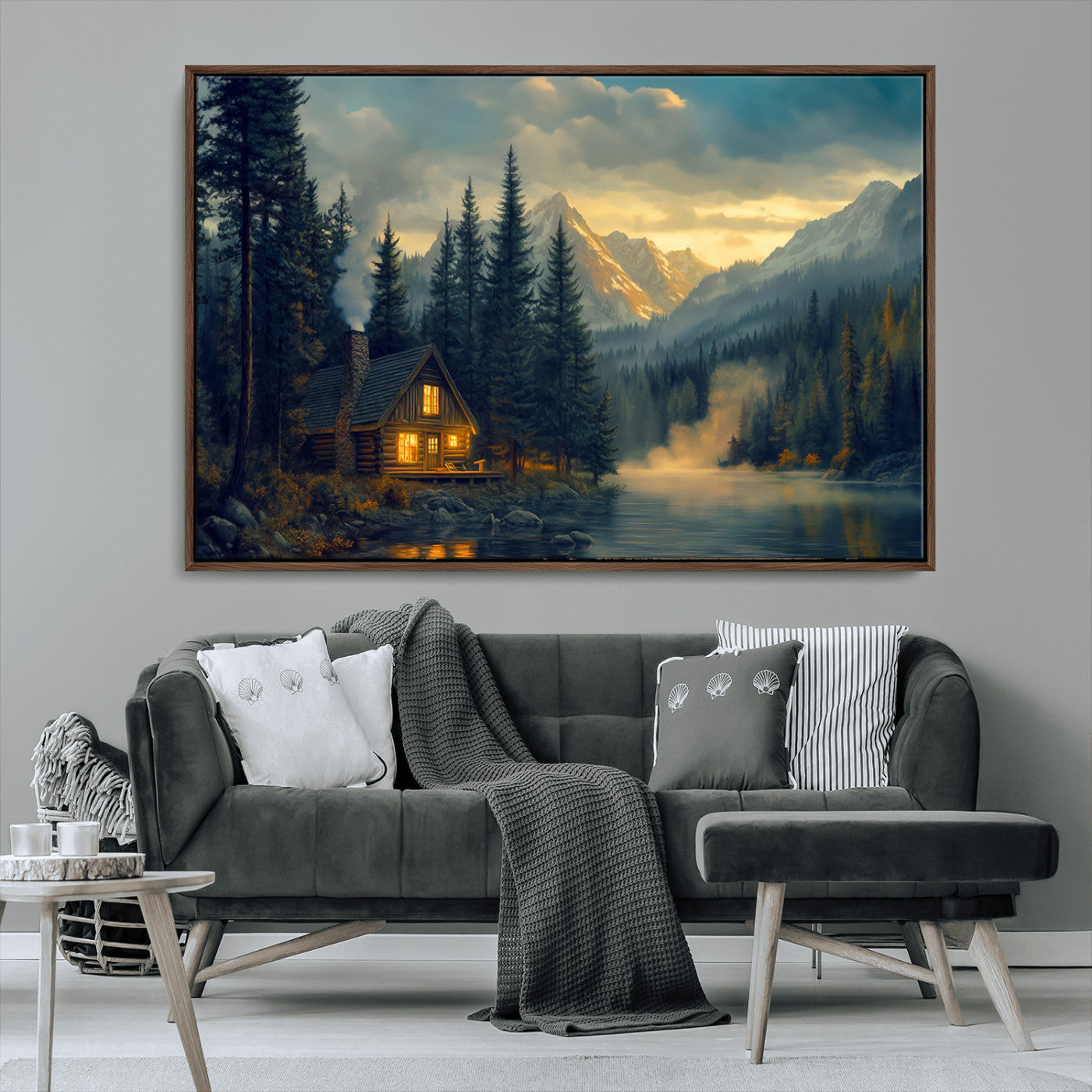 Mountain Cabin by the Lake at Sunset Wall Art - Serene
