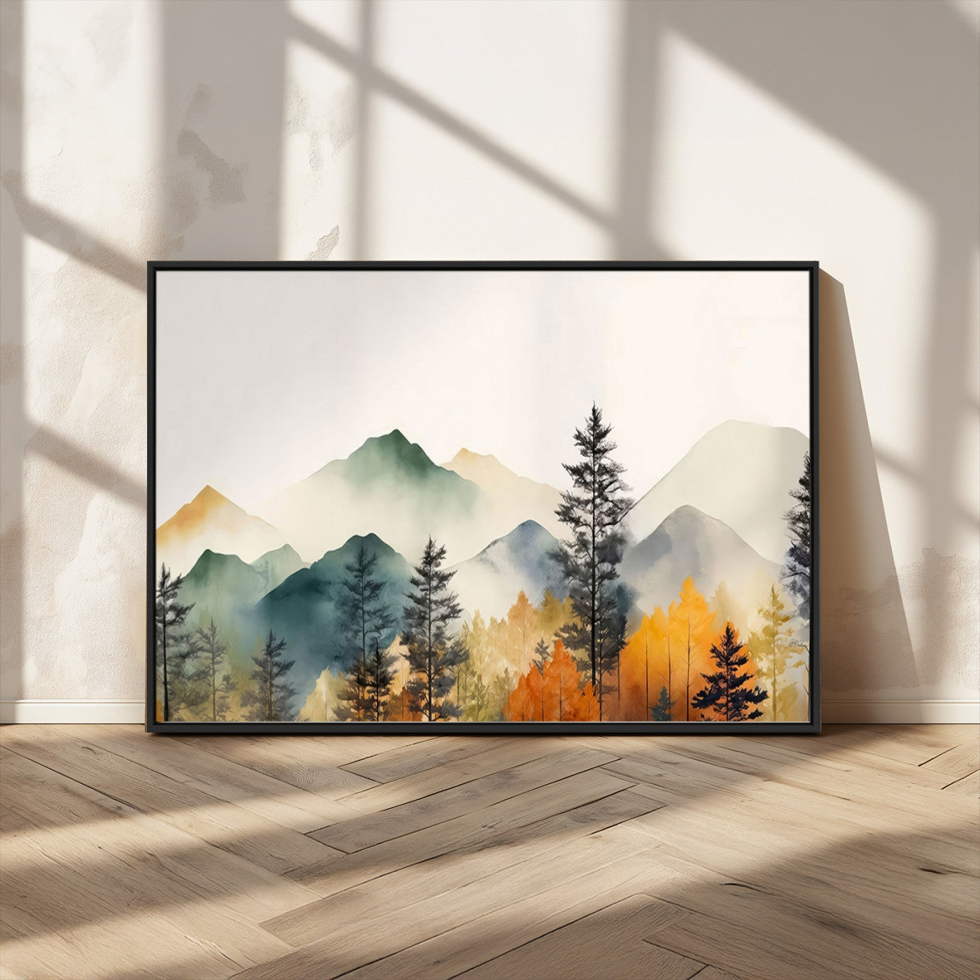 Abstract Watercolor Mountains and Trees Autumn Wall Art,