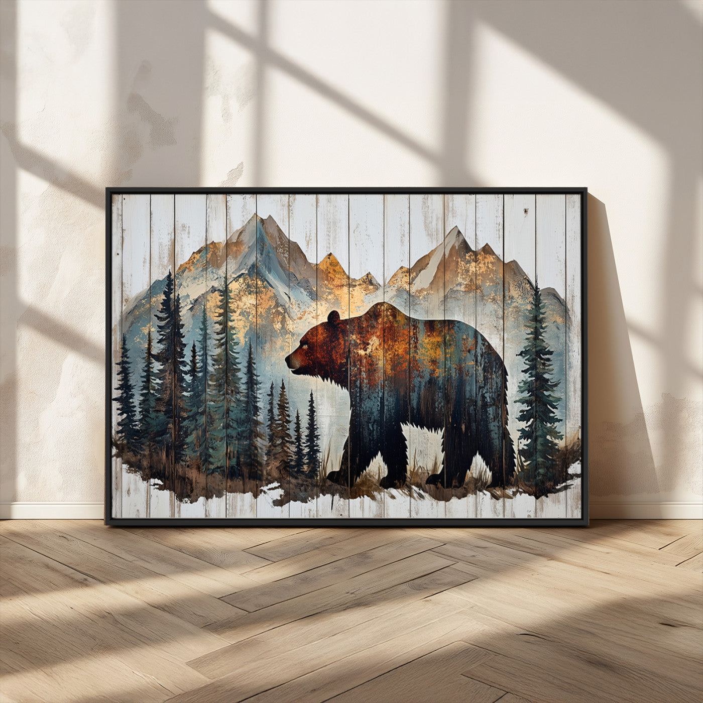 Rustic Grizzly 399 Bear and Mountain Wood Canvas Wall Art -