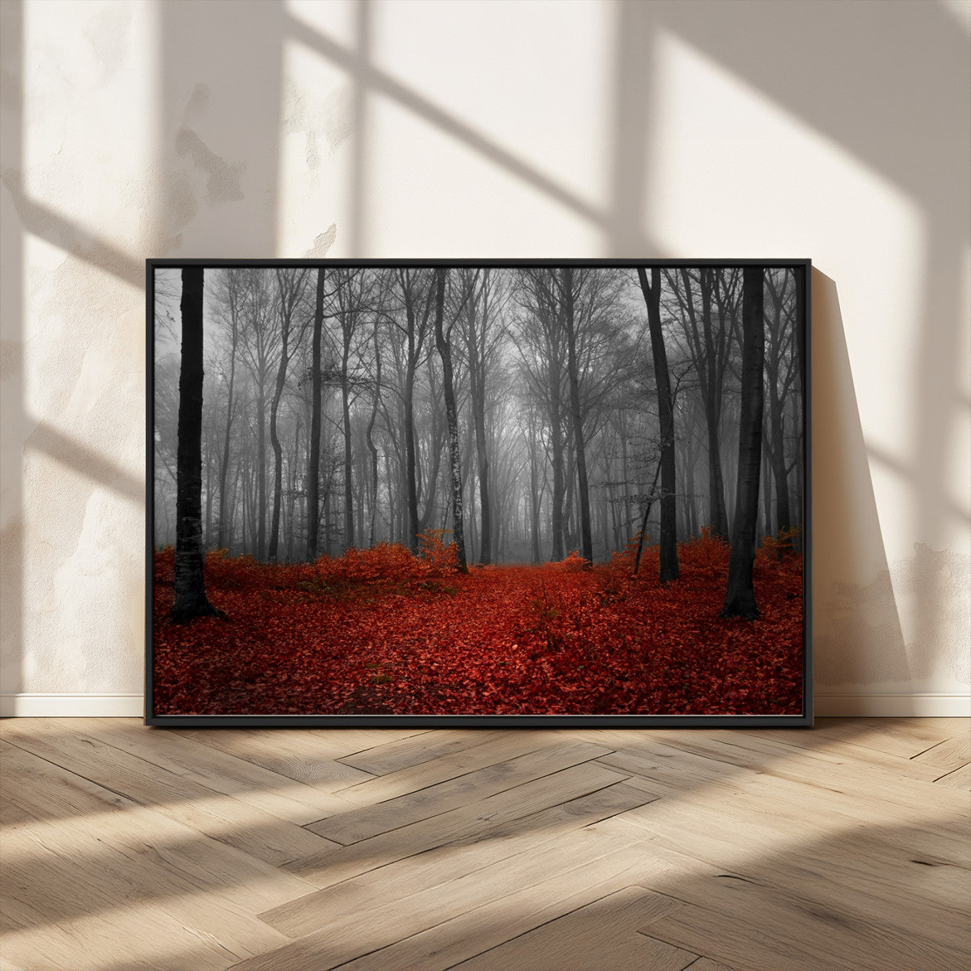 Red Forest Floor Canvas Wall Art – Mystical Foggy Woodland