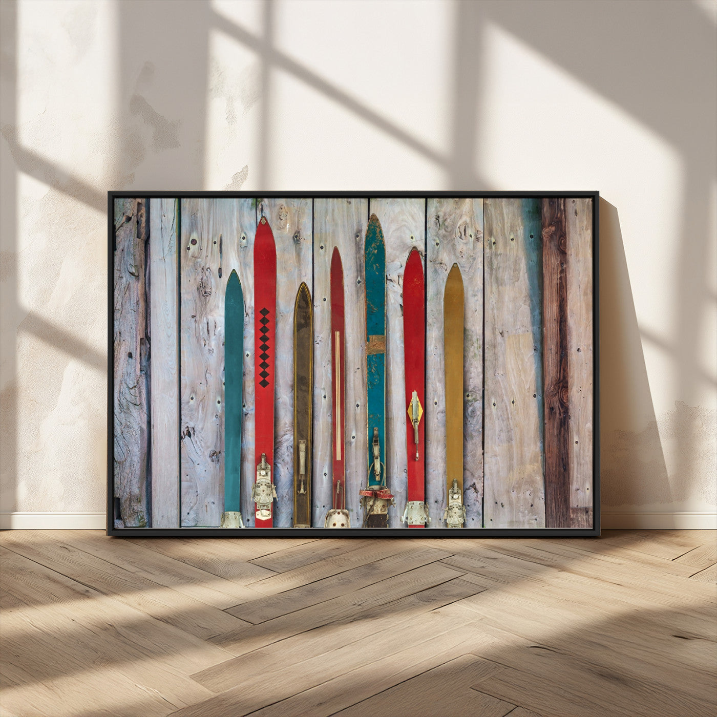 Vintage Wooden Weathered Ski's in Front of an Old Barn Wall