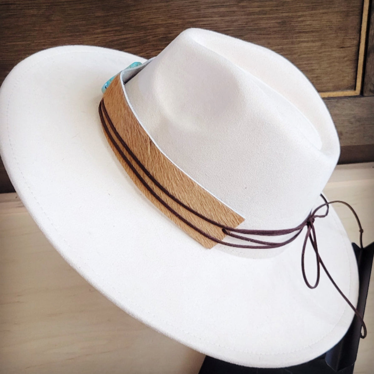 **Wide Leather Hair Hide Tan Hat Band Only w/ Turq 954a