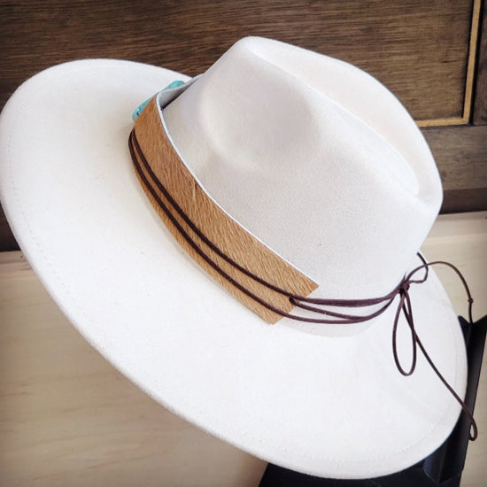 **Wide Leather Hair Hide Tan Hat Band Only w/ Turq 954a