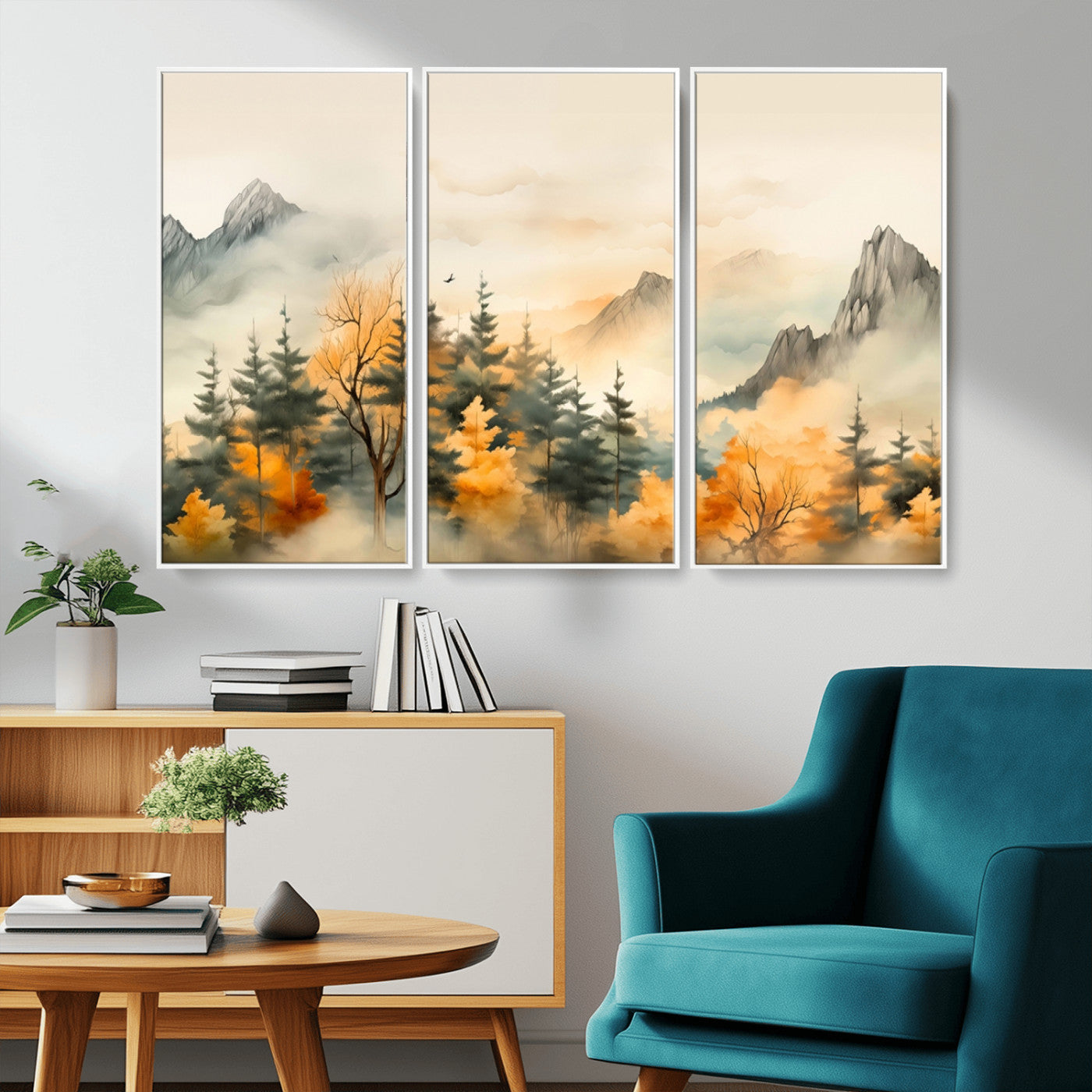 Abstract Watercolor Mountains and Trees Autumn Art,